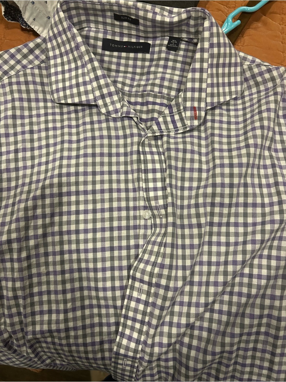 Tommy Hilfiger Men’s Purple and White Gingham Button-Up Shirt